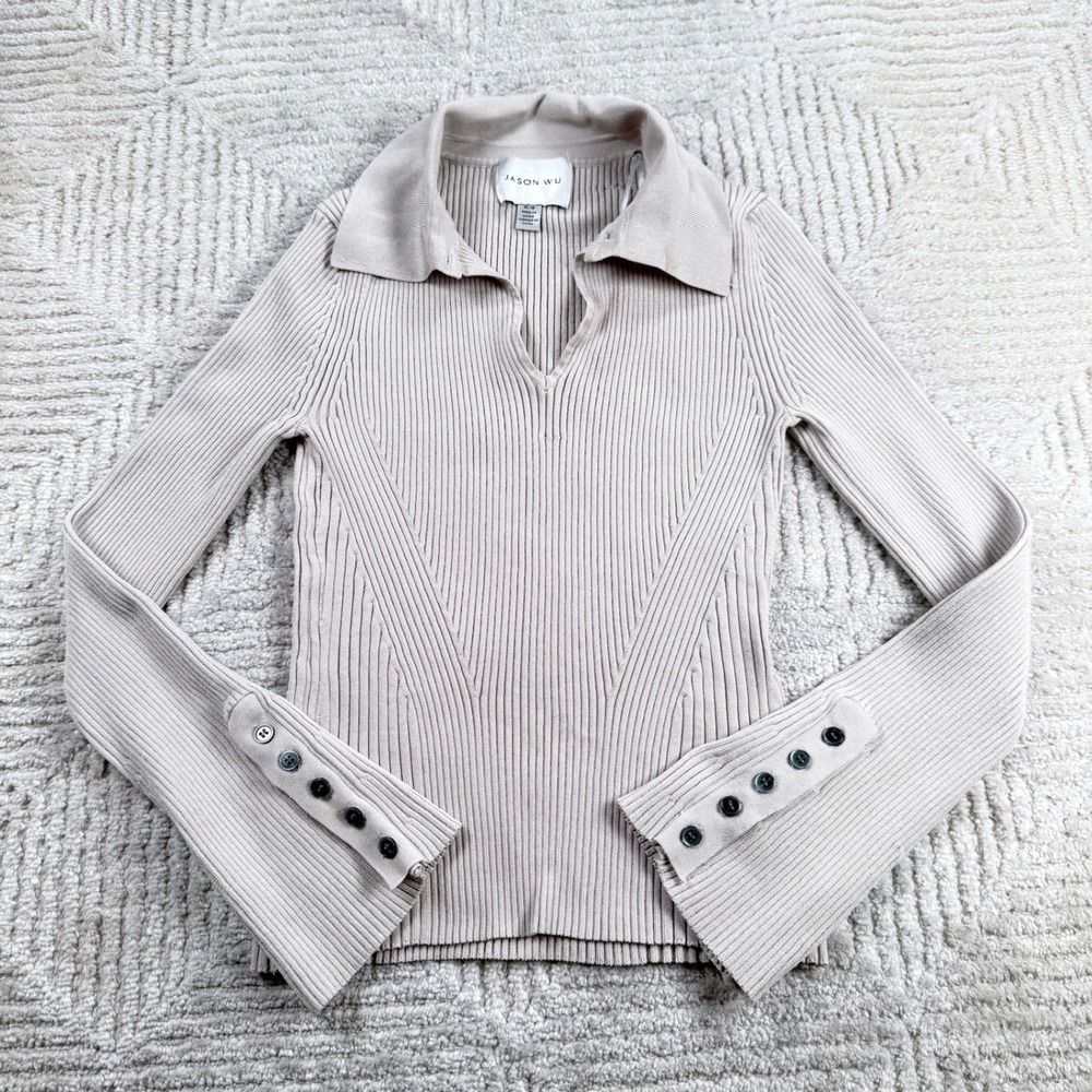 Jason Wu Ribbed Polo Sweater Women's Medium Taupe Minimalist Quiet Luxury